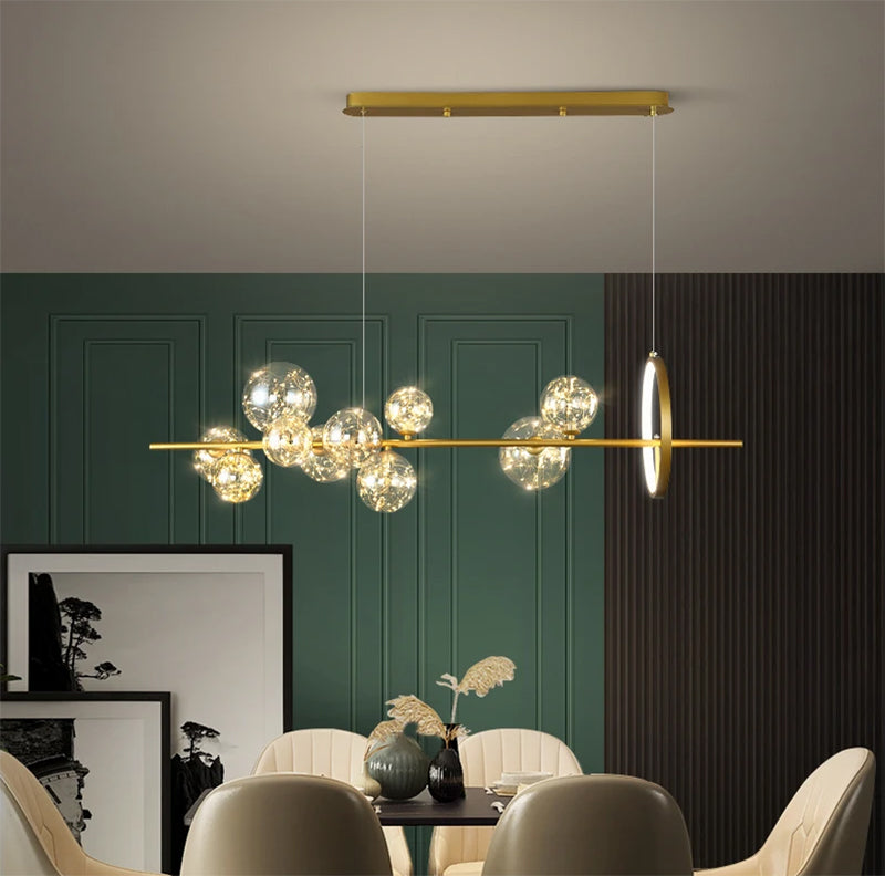 Chandelier with LED Fairy Lights Glass Globes and Aluminum Rings in Modern &amp; Contemporary Style_in Modern Dining Room