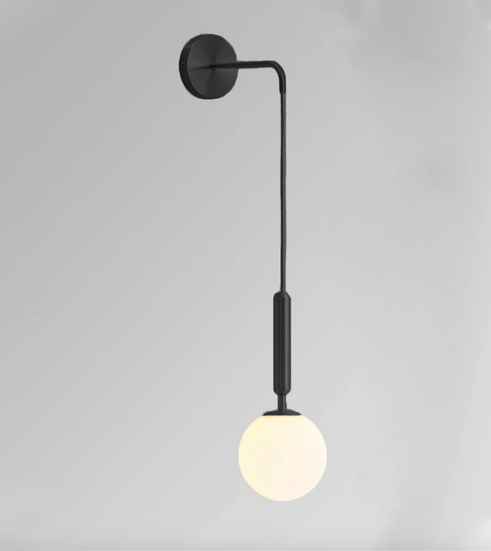 Dangling Milky Glass Globe LED Wall Light with Brushed Brass Lamp Fixture in Mid-Century Modern Style