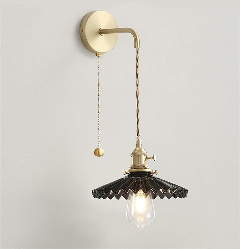 Glazed Ceramic Pleated Tutu Wall Light in Art Deco Style_Black_Gold Cable_Chain Switch