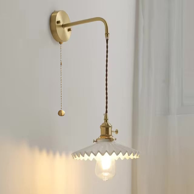 Glazed Ceramic Pleated Tutu Wall Light in Art Deco Style_White_Brown Cable_Chain Switch