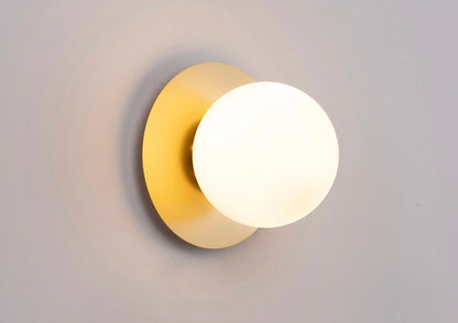 Milky Glass Globe LED Wall Light with Brushed Brass Disc Fixture in Mid-Century Modern Style