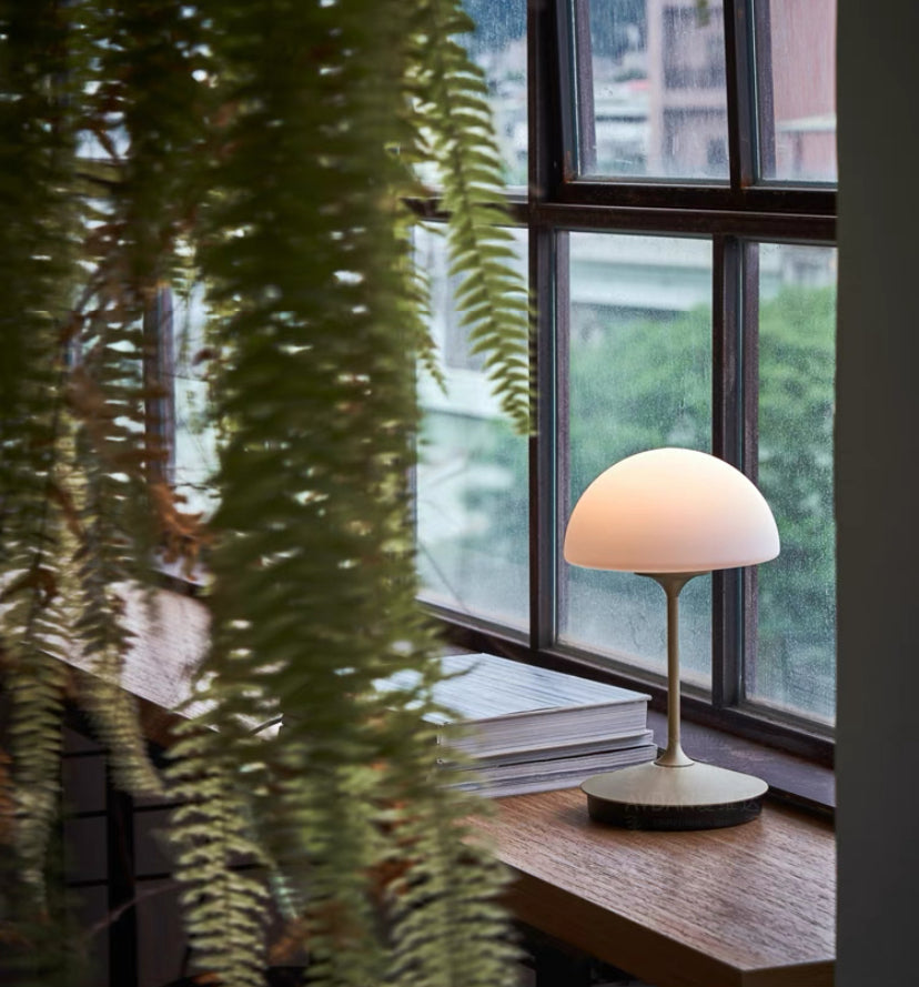 Mushroom_Table_Lamp_with_Metal_Stand_in_Modern_Contemporary_Style_Restaurant Window Sill