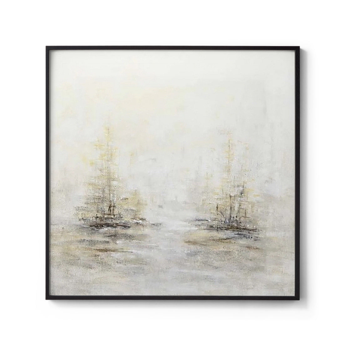 Minimalist Abstract Double Ships Painting Wall Art in Beige Gray and Black