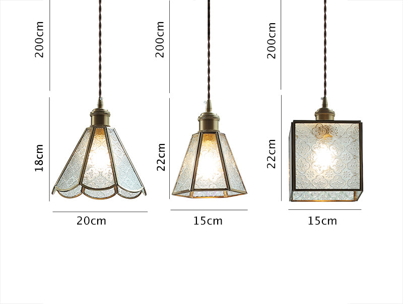 Patterned Glass Pendant LED Light with Golden Brass Frame in Vintage Style - Bulb Included