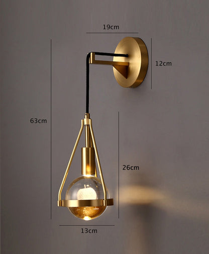 Shiny LED Glass Raindrop Wall Light with Brushed Brass Frame in Modern &amp; Contemporary Style Dimensions