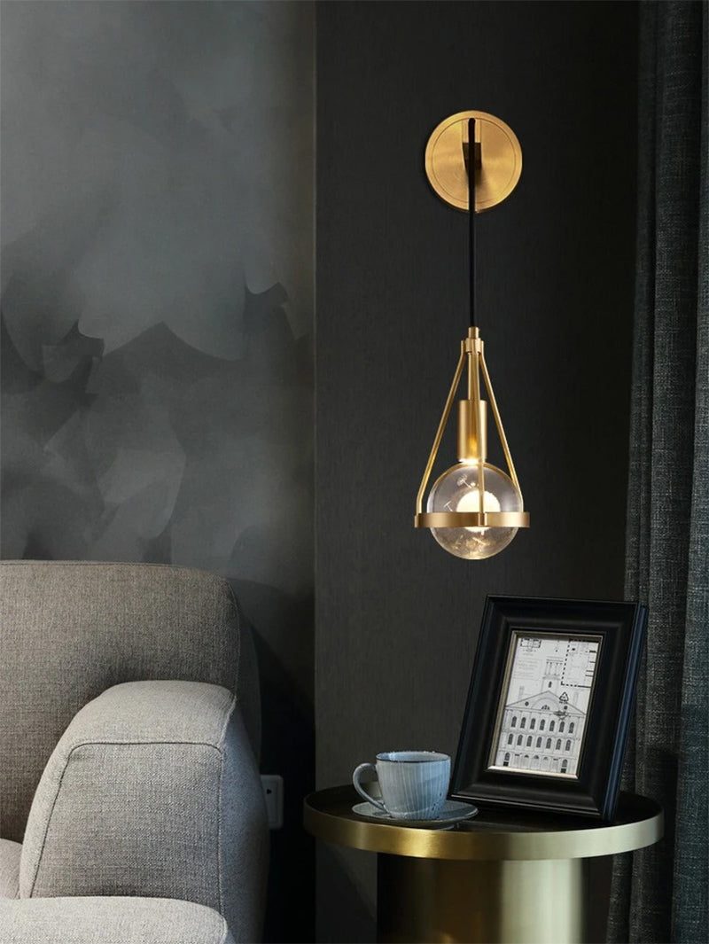 Shiny LED Glass Raindrop Wall Light with Brushed Brass Frame in Modern &amp; Contemporary Style in Modern Living Space