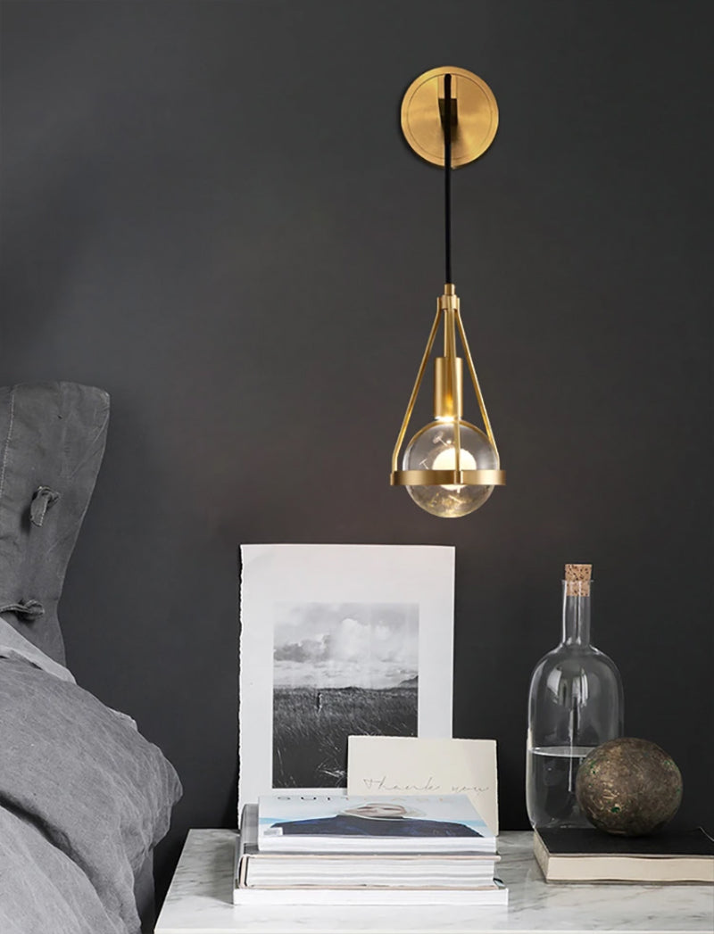 Shiny LED Glass Raindrop Wall Light with Brushed Brass Frame in Modern &amp; Contemporary Style in Nordic Living Space