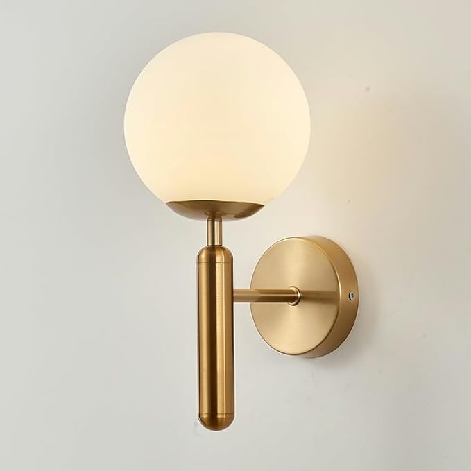 Upright Milky Glass Ball LED Wall Light with Brushed Brass Lamp Fixtur ...
