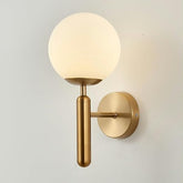 Upright Milky Glass Ball LED Wall Light with Brushed Brass Lamp Fixture in Mid-Century Modern Style