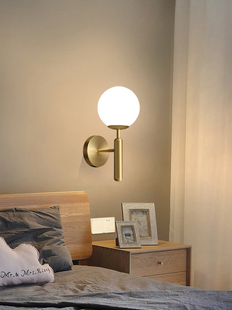 Upright Milky Glass Ball LED Wall Light with Brushed Brass Lamp Fixture in Mid-Century Modern Style