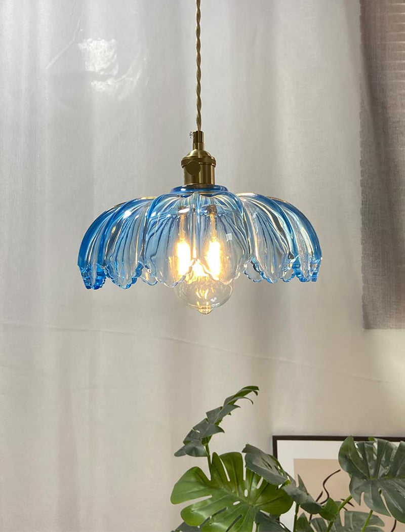 Vintage Blue Glass Lotus Flower Pendant Lamp