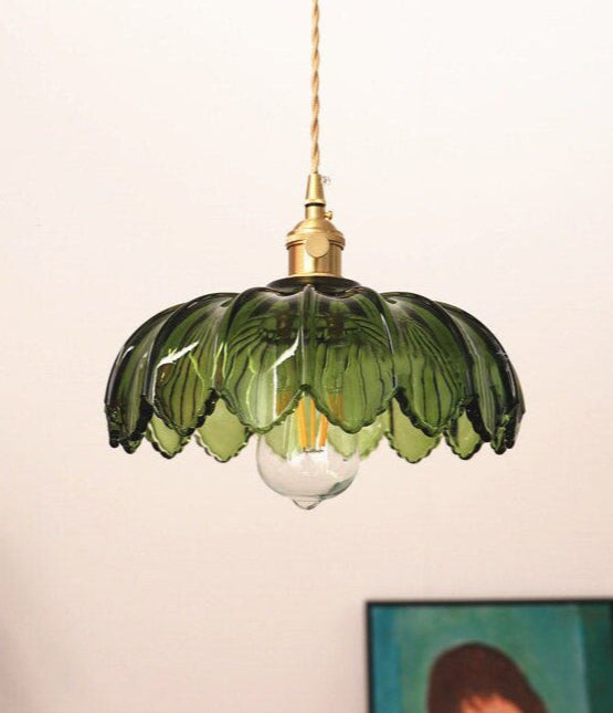 Vintage Emerald Green Lotus Flower Glass Ceiling Pendant Light