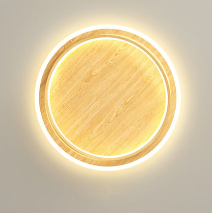 Wooden LED Flush Mount Ceiling Light with Metal Ring in Modern &amp; Contemporary Style Oak Close up