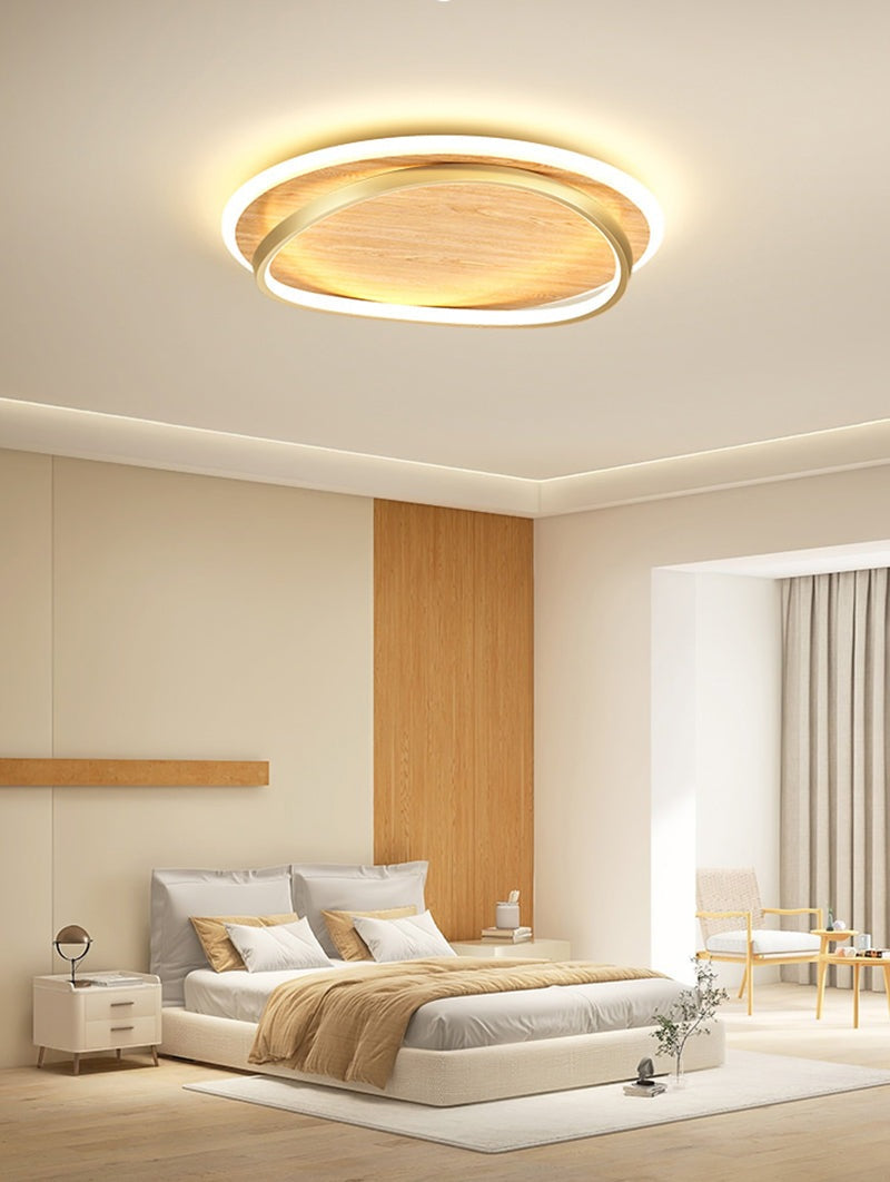 Wooden LED Flush Mount Ceiling Light with Metal Ring in Modern &amp; Contemporary Style Oak in Nordic Bedroom