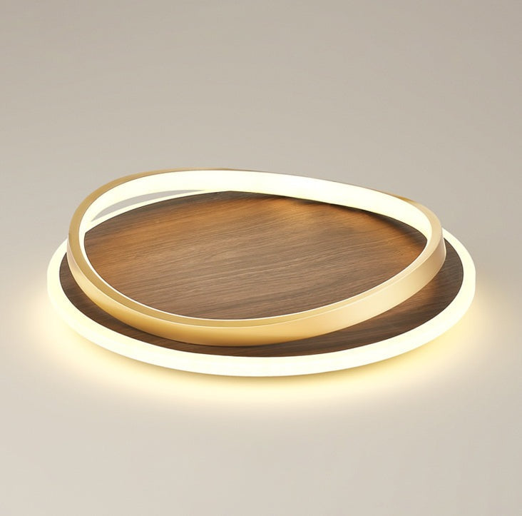 Wooden LED Flush Mount Ceiling Light with Metal Ring in Modern &amp; Contemporary Style Walnut