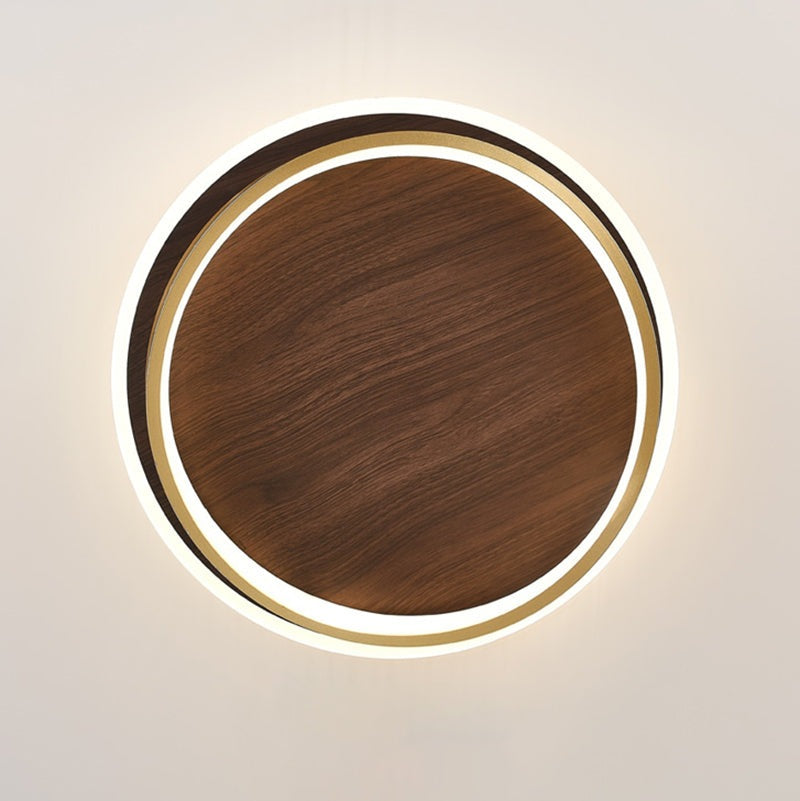 Wooden LED Flush Mount Ceiling Light with Metal Ring in Modern &amp; Contemporary Style Walnut Close up