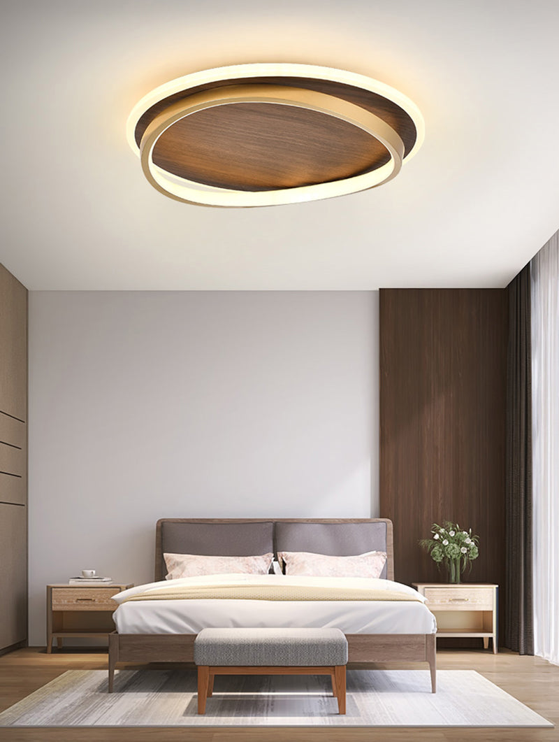 Wooden LED Flush Mount Ceiling Light with Metal Ring in Modern &amp; Contemporary Style Walnut in Minimalist Bedroom