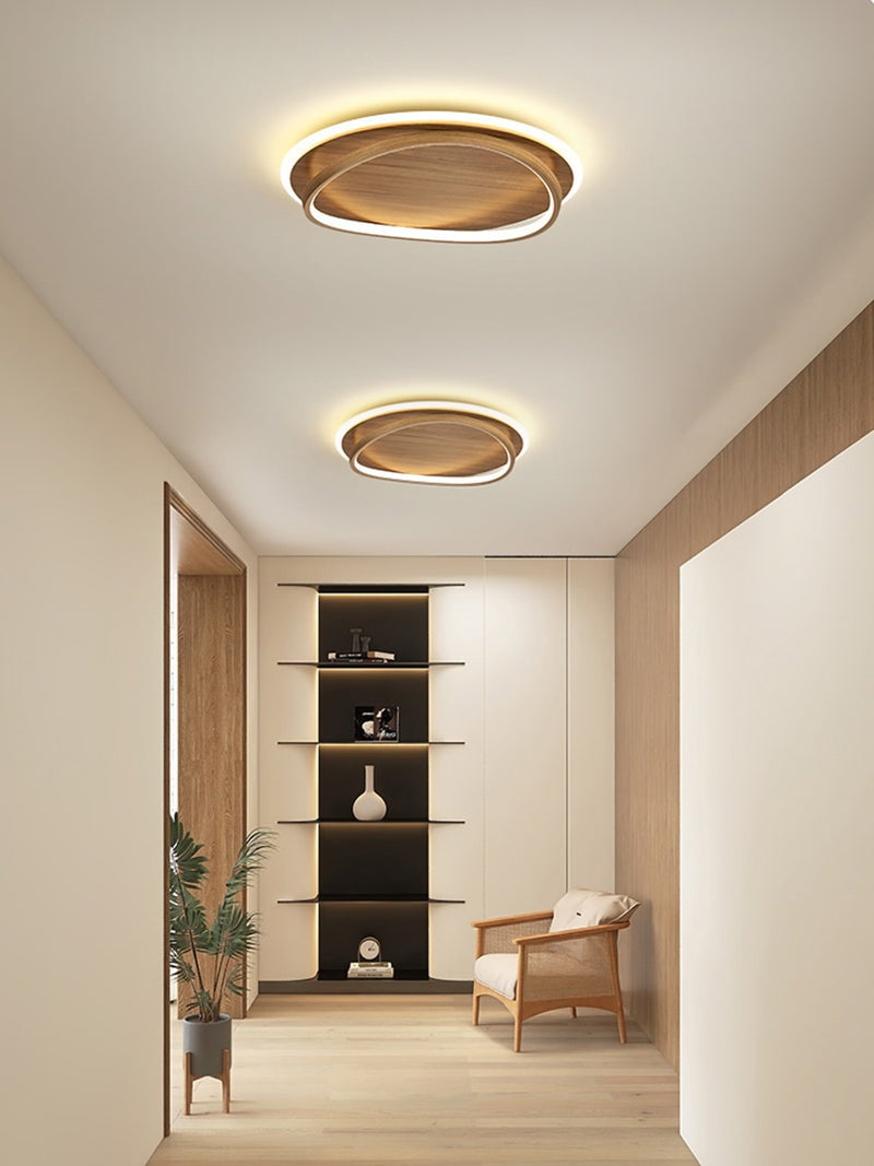 Wooden LED Flush Mount Ceiling Light with Metal Ring in Modern &amp; Contemporary Style Walnut in Minimalist Hallway