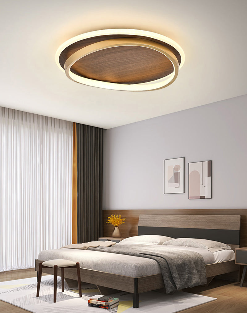 Wooden LED Flush Mount Ceiling Light with Metal Ring in Modern &amp; Contemporary Style Walnut in Scandinavian Bedroom