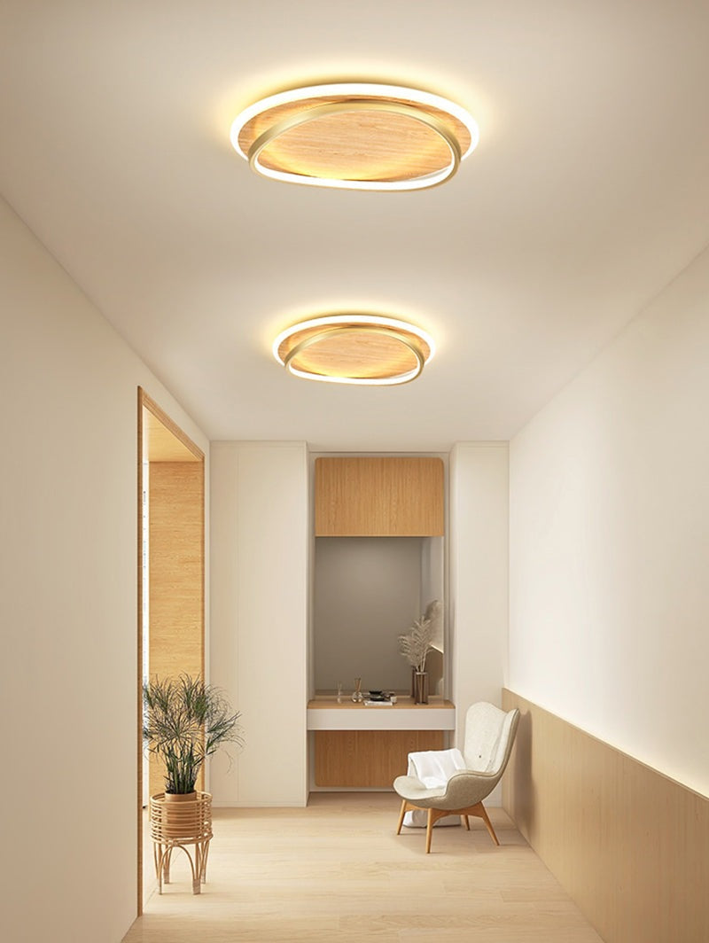 Wooden LED Flush Mount Ceiling Light with Metal Ring in Modern &amp; Contemporary Style in Nordic Hallway