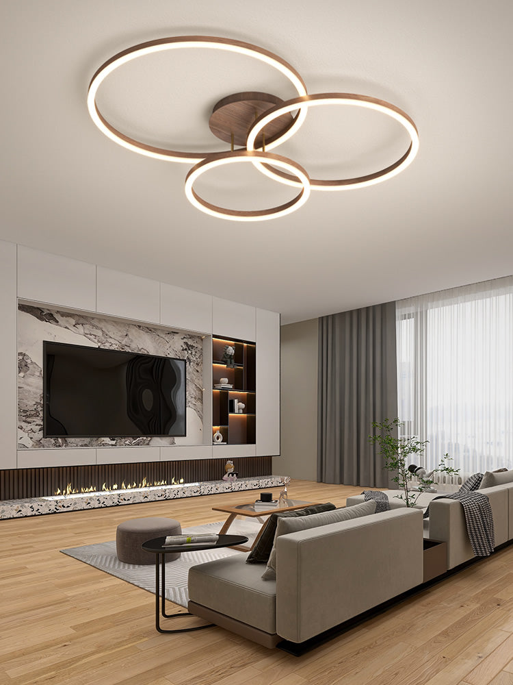 Wooden LED Flush Mount Ceiling Light with Single, Double or Triple Rings in Modern &amp; Contemporary Style_Triple_in Modern Living Room