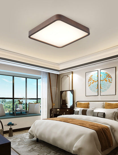 Wooden Square LED Flush Mount Ceiling Light in Scandinavian Style Walnut in Nordic Bedroom