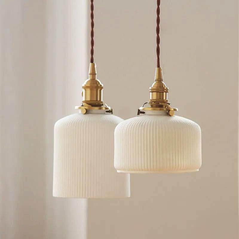 Ceramic Ribbed Pendant LED Light in Japanese Long Cylinder Shape - Bulb Included