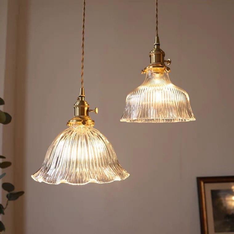 Classic Fluted Glass Flower Pendant LED Light in French Vintage Style - Bulb Included