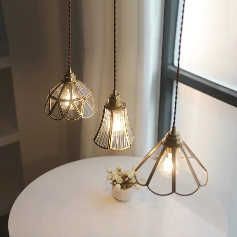 Glass Flower Pendant LED Light with Brass Frame in Vintage Style - Bulb Included