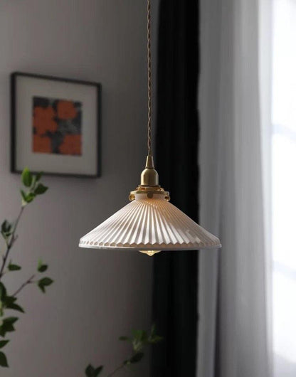 Japanese Ceramic Pendant LED Light in Pleated Hat Shape - Bulb Included