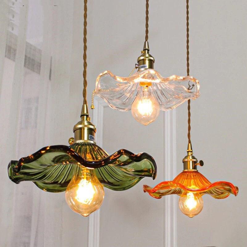 Glass Hibiscus Flower Pendant LED Light in Vintage Style - Bulb Included