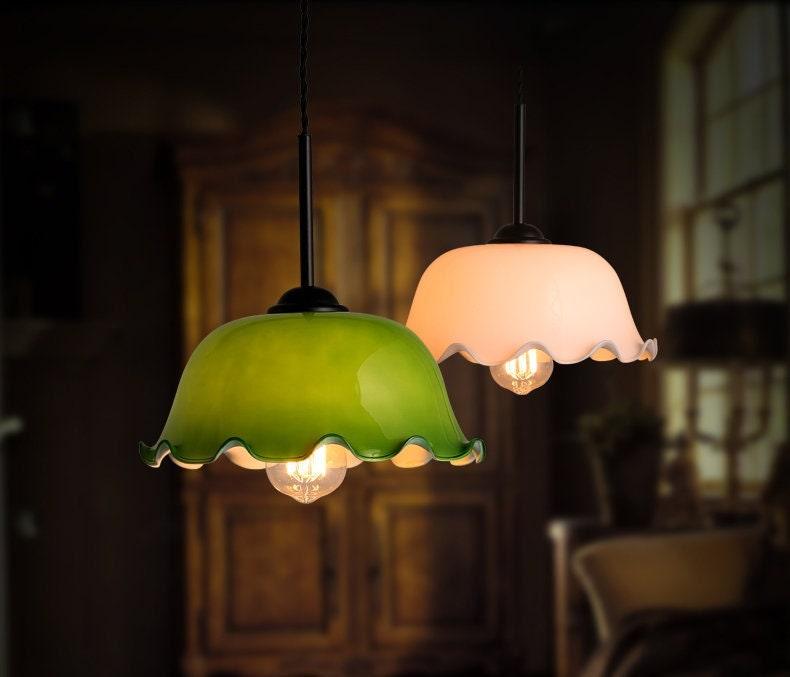 Opaline Glass Pendant LED Light with Handkerchief Lampshade in French Vintage Style - Bulb Included