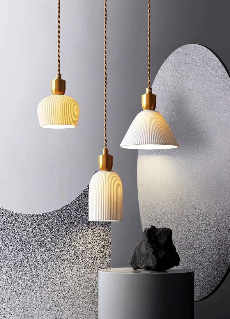 Ribbed Ceramic Pendant LED Light in Art Deco Style - Bulb Included