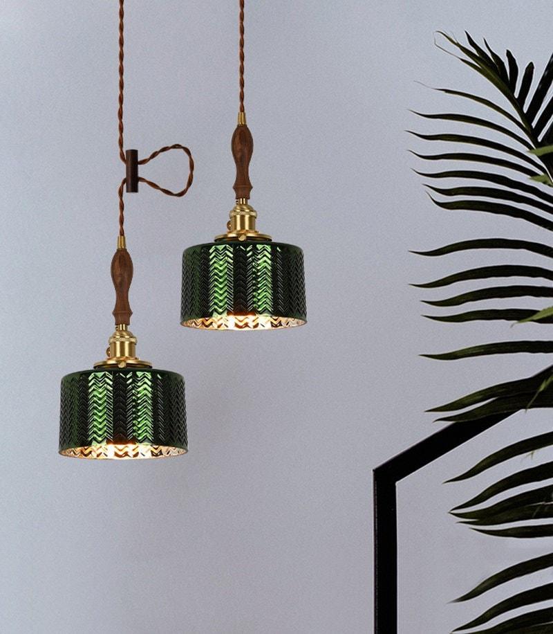 Shiny Green Glass Cylinder Pendant LED Light in Art Deco Style - Bulb Included