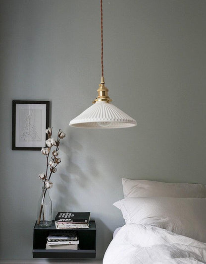 Japanese Ceramic Pendant LED Light in Pleated Hat Shape - Bulb Included