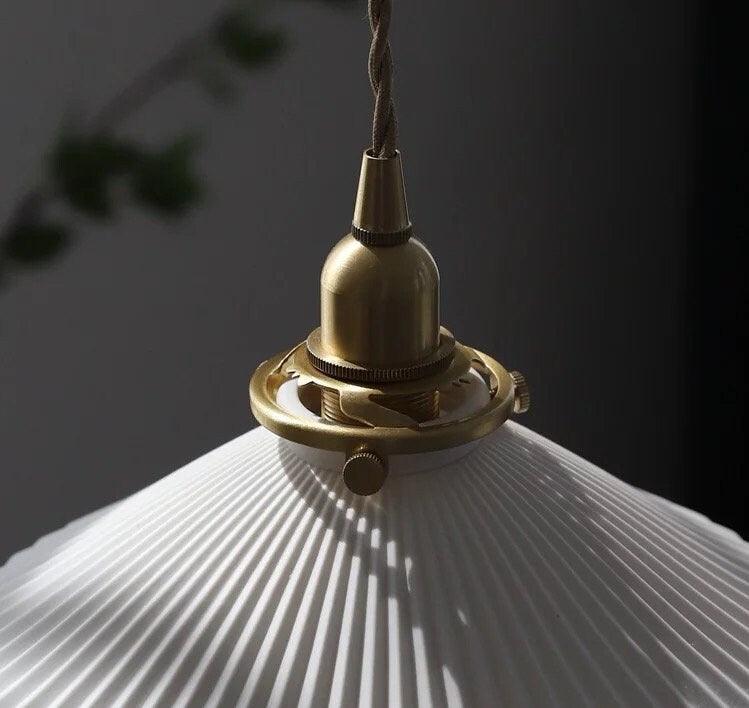 Japanese Ceramic Pendant LED Light in Pleated Hat Shape - Bulb Included