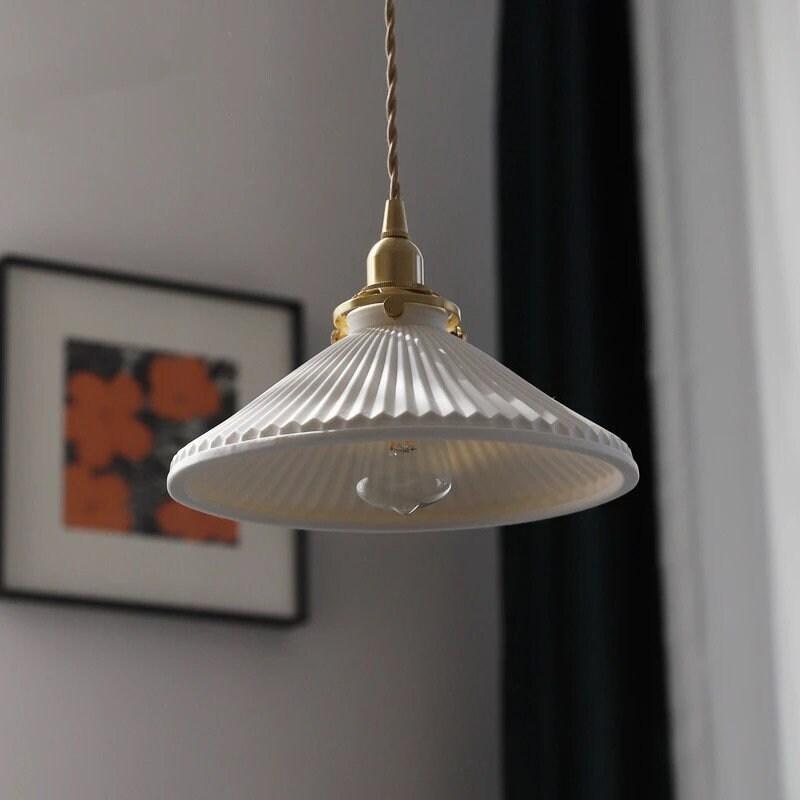 Japanese Ceramic Pendant LED Light in Pleated Hat Shape - Bulb Included