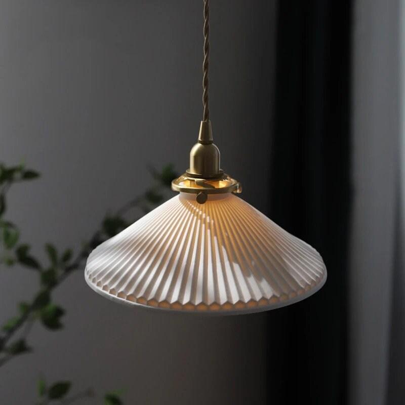 Japanese Ceramic Pendant LED Light in Pleated Hat Shape - Bulb Included