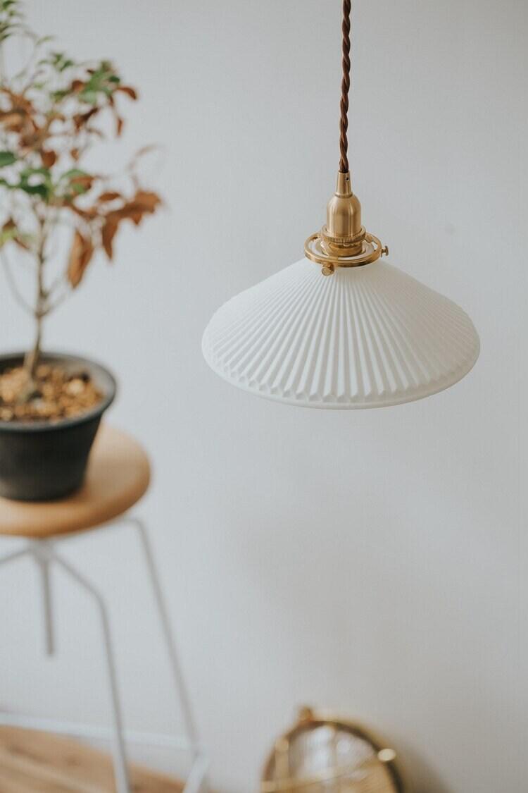 Japanese Ceramic Pendant LED Light in Pleated Hat Shape - Bulb Included