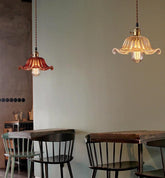 Fluted Glass Pendant LED Light with Handkerchief Lampshade in French Vintage Style - Bulb Included