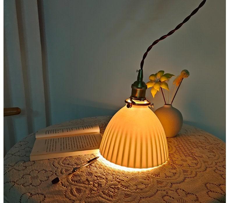 Ceramic Ribbed Pendant LED Light in Japanese Pleated Cup Shape - Bulb Included