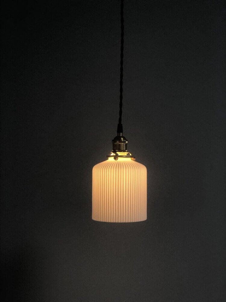 Ceramic Ribbed Pendant LED Light in Japanese Pleated Cup Shape - Bulb Included