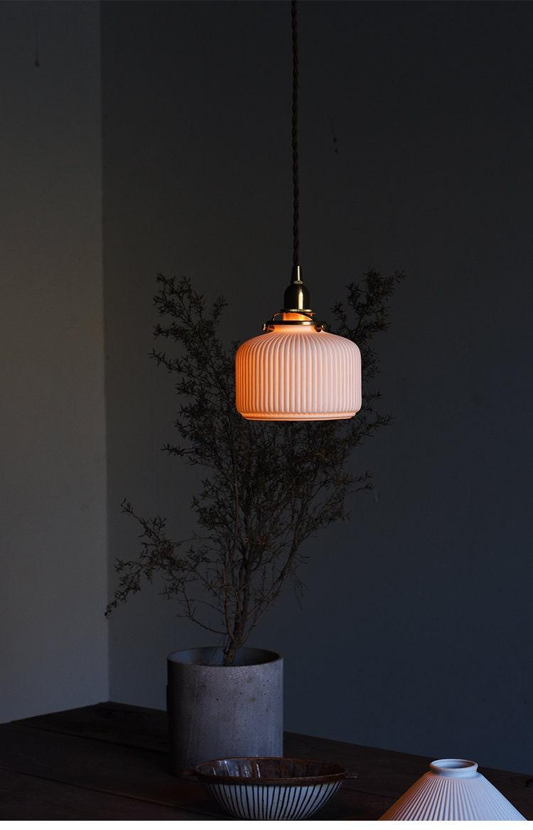 Ceramic Ribbed Pendant LED Light in Japanese Dome Shape - Bulb Included