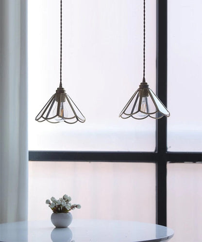 Glass Flower Pendant LED Light with Brass Frame in Vintage Style - Bulb Included