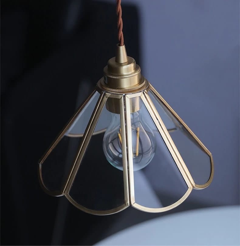 Glass Flower Pendant LED Light with Brass Frame in Vintage Style - Bulb Included