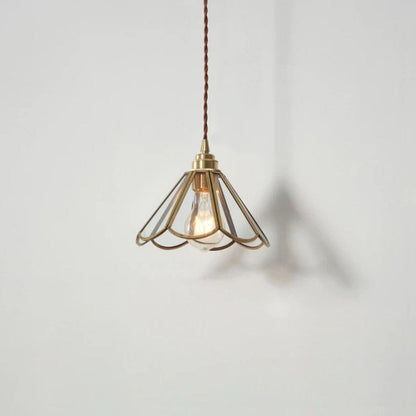 Glass Flower Pendant LED Light with Brass Frame in Vintage Style - Bulb Included