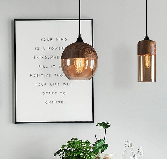 Nordic Woody Metal Pendant LED Light with Tea Colored Glass Shade - Bulb Included