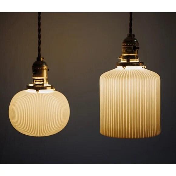 Ceramic Ribbed Pendant LED Light in Japanese Sphere Shape - Bulb Included