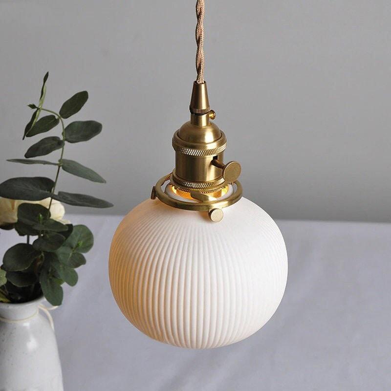 Ceramic Ribbed Pendant LED Light in Japanese Sphere Shape - Bulb Included