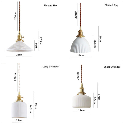 Ceramic Ribbed Pendant LED Light in Japanese Long Cylinder Shape - Bulb Included